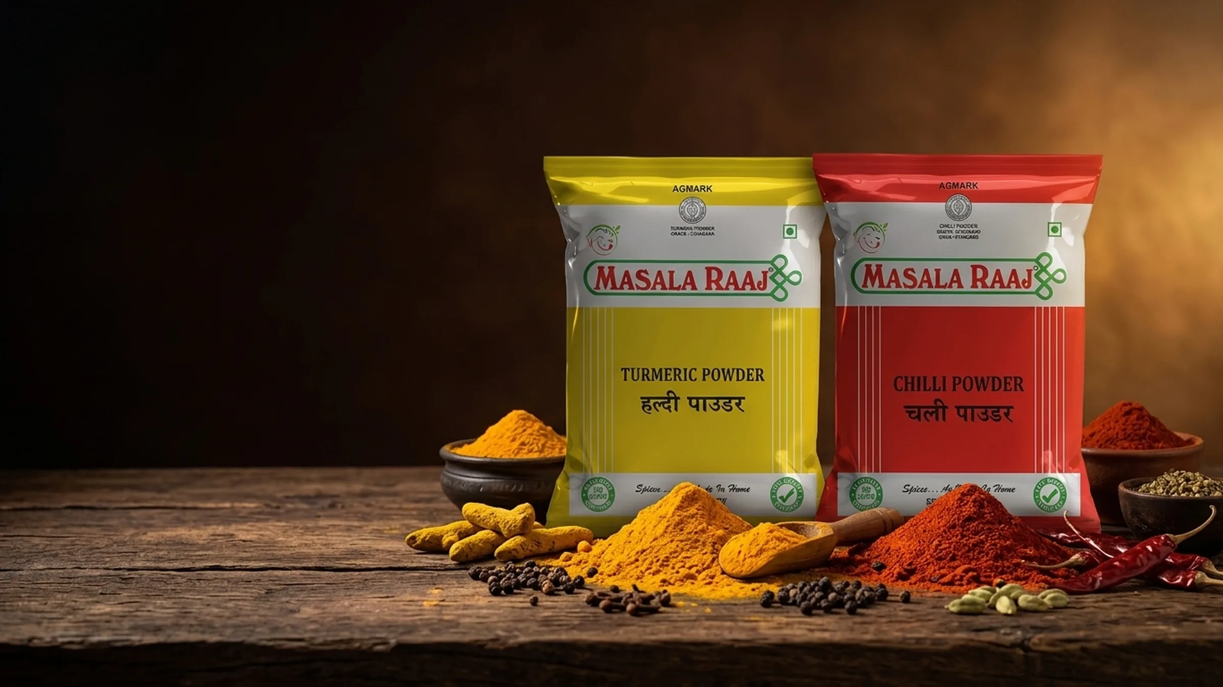 Masala Raaj 500g ground spice pouches on a warm wooden table: Turmeric Powder and Chilli Powder, with mounds of turmeric and chilli, whole chillies, peppercorns and cardamom