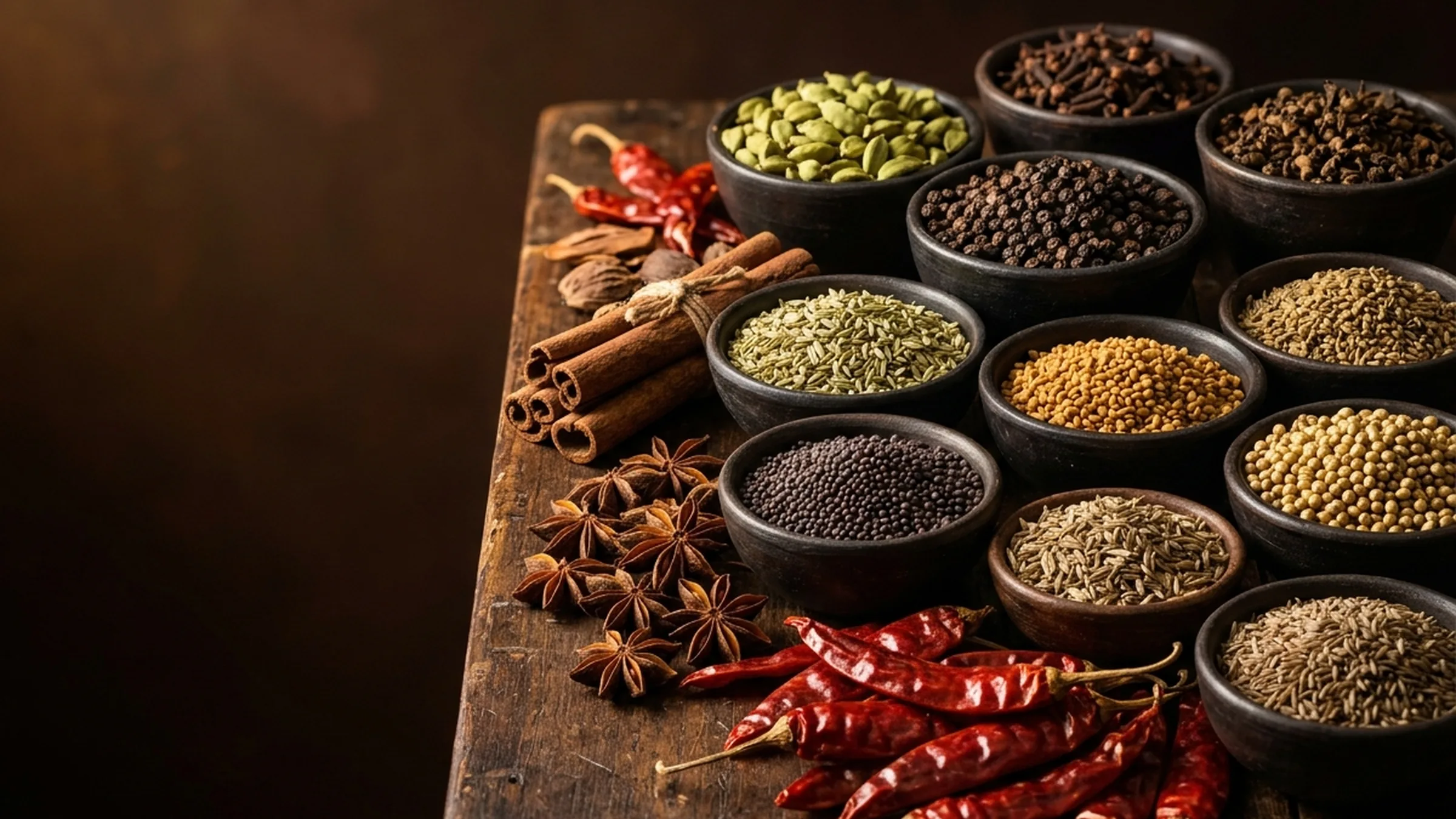 Whole spices in dark clay bowls on a wooden table: cardamom, cloves, black pepper, fennel, fenugreek, mustard, cumin, coriander seed, star anise, cinnamon and dried red chillies
